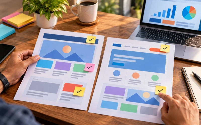 Two printed website layout versions sit side by side with sticky note checkmarks