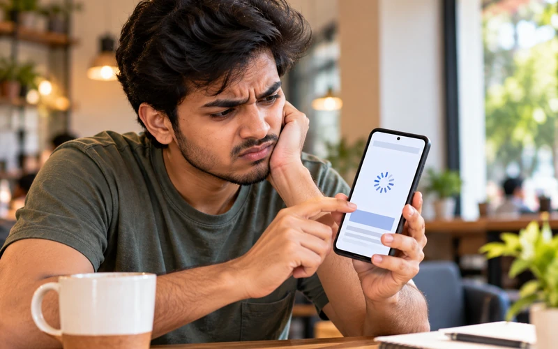 A person taps a phone screen impatiently while a loading spinner keeps turning