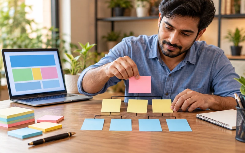 Hands arrange sticky notes into a pyramid-shaped diagram showing website page hierarchy.