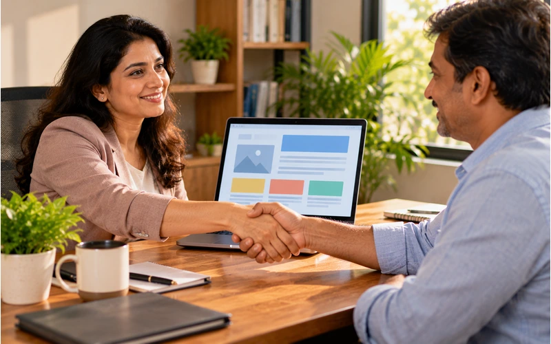 Two people shake hands over a desk with an open laptop between them.