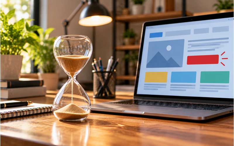 A small hourglass sits beside an open laptop on a wooden desk.