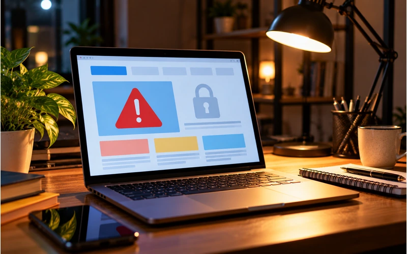 A laptop screen shows an abstract warning symbol hinting at an unresolved website security risk