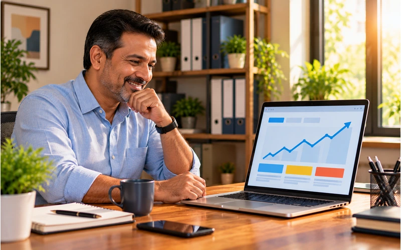 A business owner smiles while viewing a simple upward growth chart on his laptop.