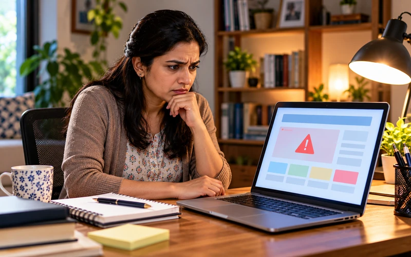 A small business owner looks concerned at a faint warning triangle on her laptop.