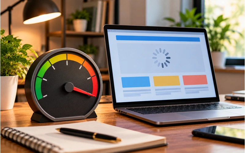 A speed gauge graphic with the needle in the red sits beside a loading laptop.