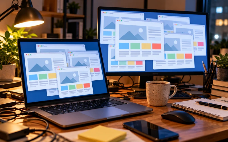A developer's desk shows several near-identical browser windows open side by side.