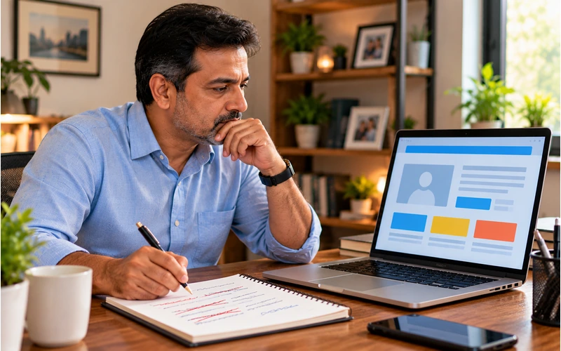 A business owner reviews an About Us webpage draft beside a handwritten notepad