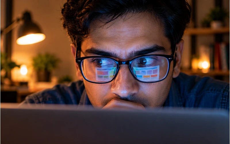 A person's eyes reflect a laptop screen as they quickly skim the page