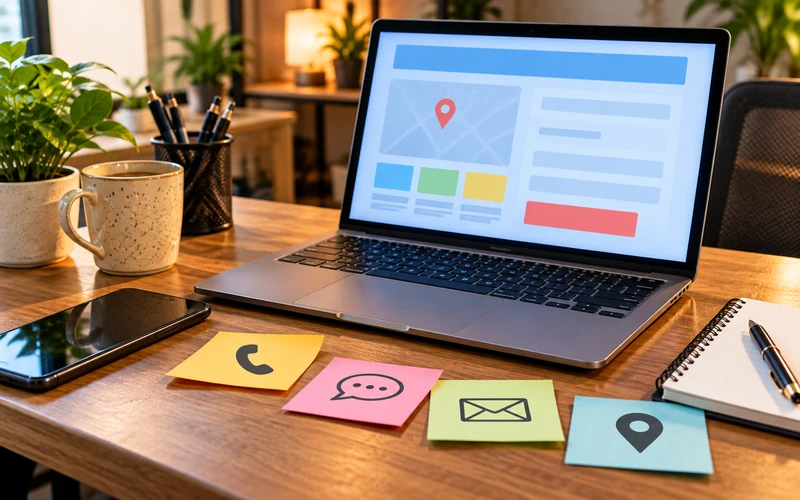 A desk shows a phone, laptop, and sticky notes representing multiple competing contact options.