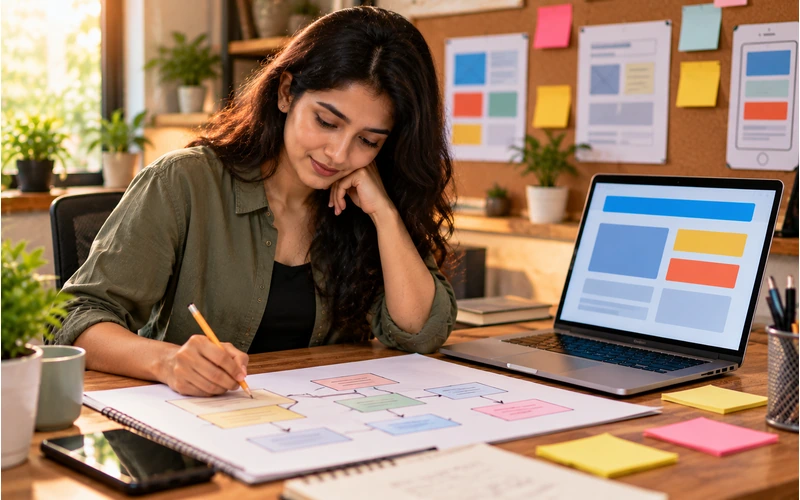 A designer sketches a simplified form flow on paper surrounded by sticky notes.