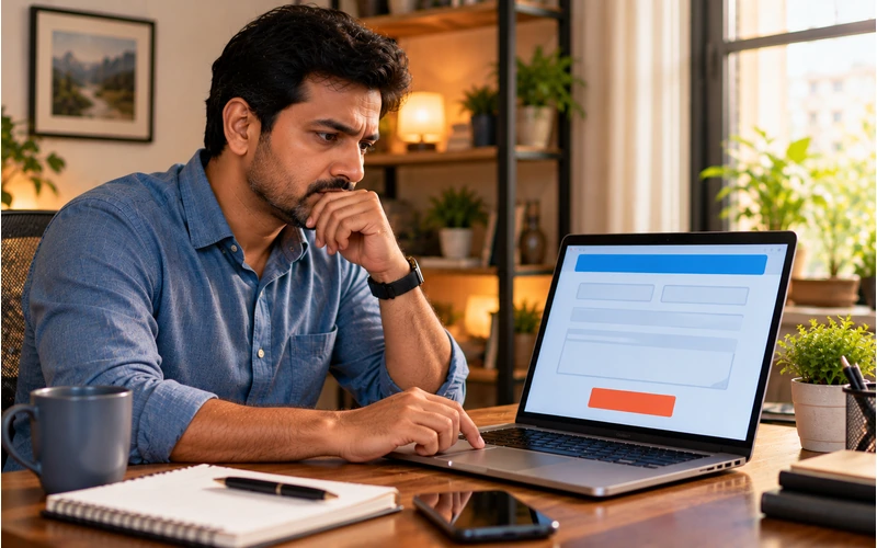 A visitor pauses with a worried expression before clicking submit on a laptop contact form.