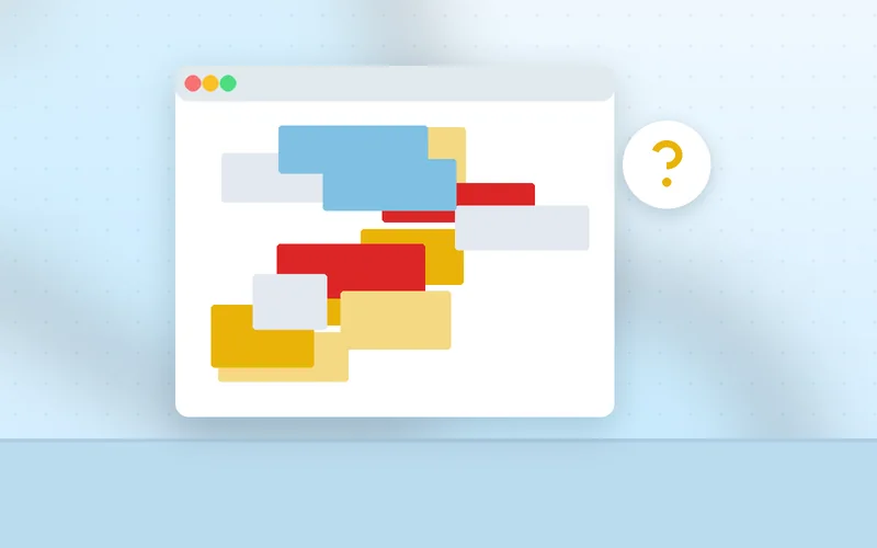 A small business owner frowns at a cluttered, mismatched website layout on a laptop.