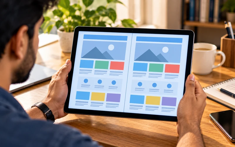 A tablet screen shows two nearly identical template website layouts side by side.