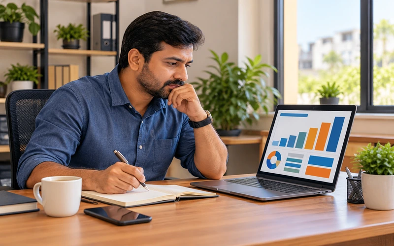 A business owner studies simple bar-graph analytics on a laptop while taking notes.