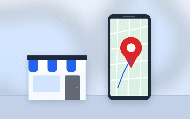A small neighborhood shopfront with a glowing location pin marker beside the entrance.