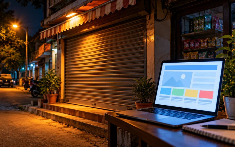 A shuttered shopfront at night beside a glowing laptop screen left open on a desk.