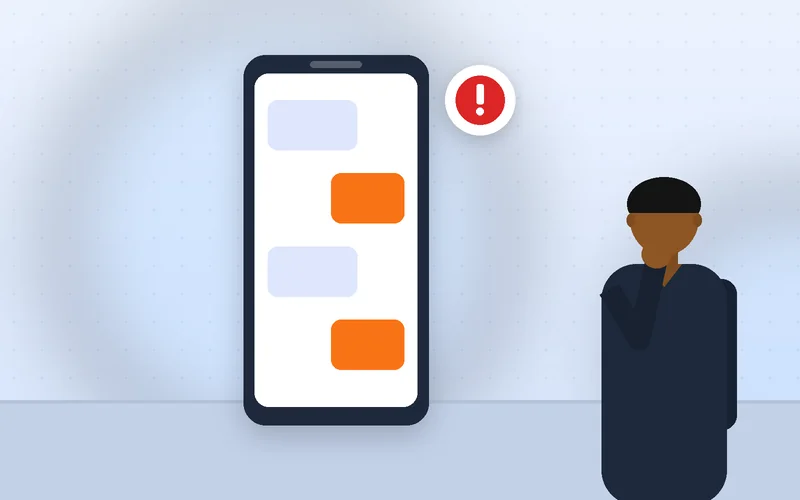 A business owner looks at their phone with concern as a social app icon fades on screen.