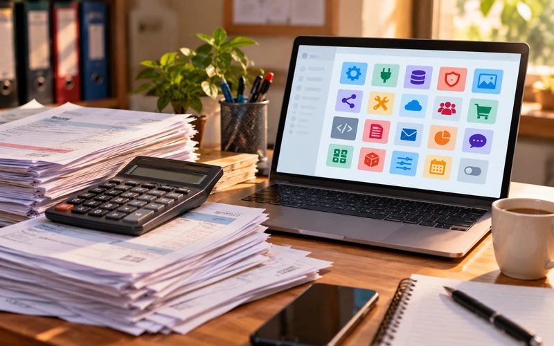 Stacked invoices and a calculator sit beside a laptop crowded with plugin icons.