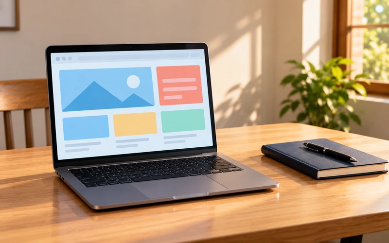 A clean, minimal desk holds just a laptop and a single notebook.