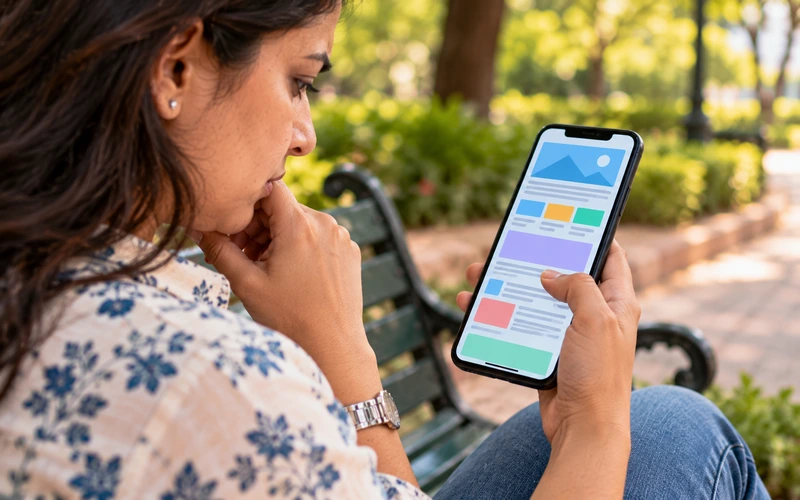 A hand scrolls a smartphone screen searching for a hidden contact button.