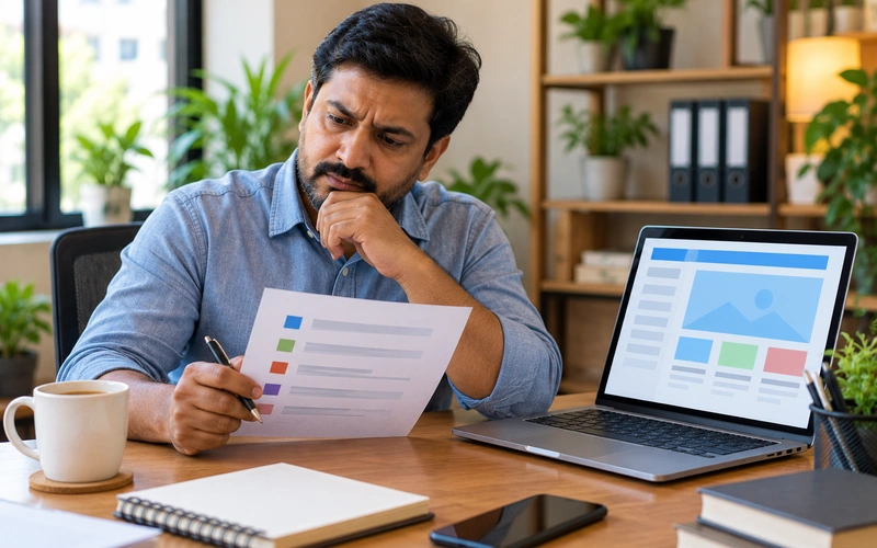 A small business owner reviews a decision checklist on paper next to an open laptop