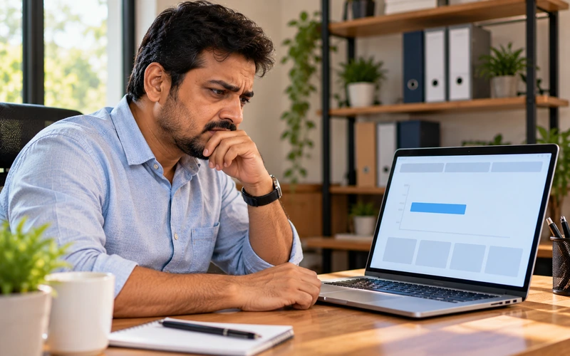 A business owner frowns at a sparse analytics dashboard with only one data bar.