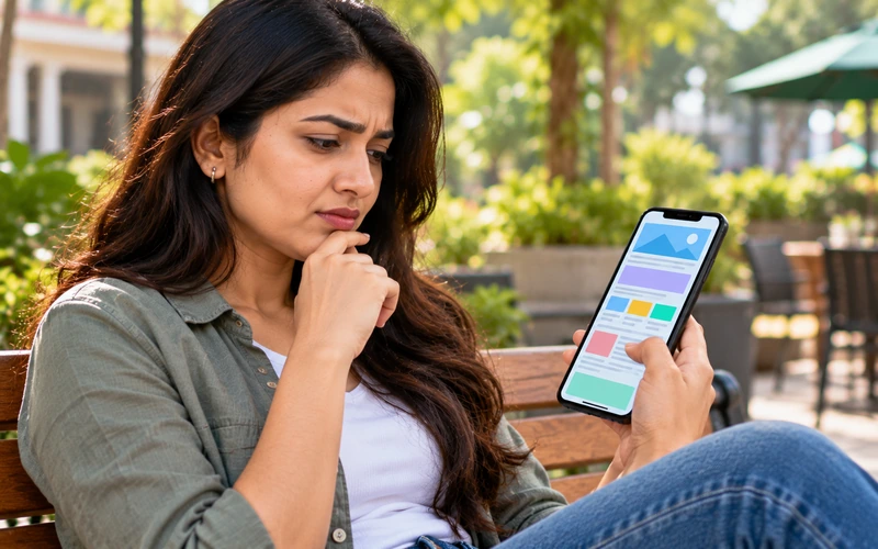 A visitor scrolls endlessly through a long webpage on her phone with a skeptical look.