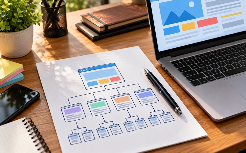 A hand-drawn sitemap diagram with connected circles sits on a desk beside a laptop