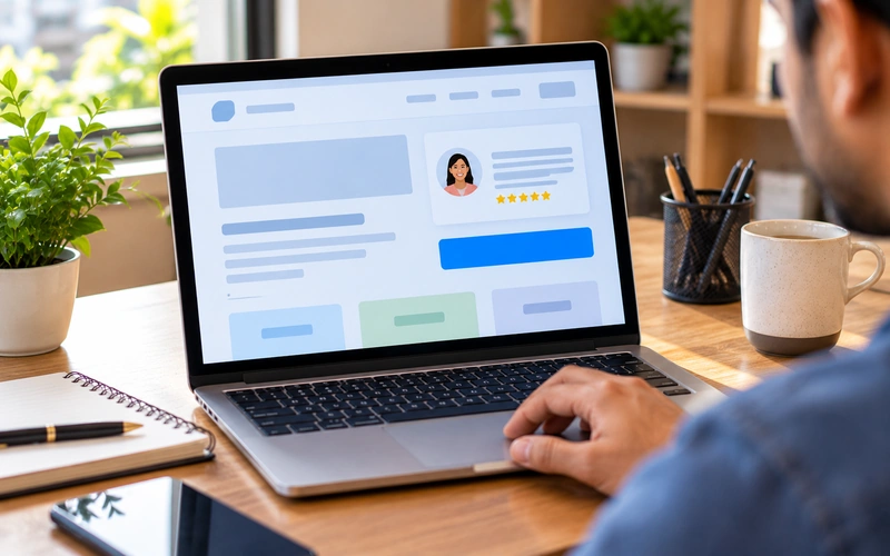 A laptop screen shows an abstract webpage mockup with a testimonial card beside a call-to-action button.