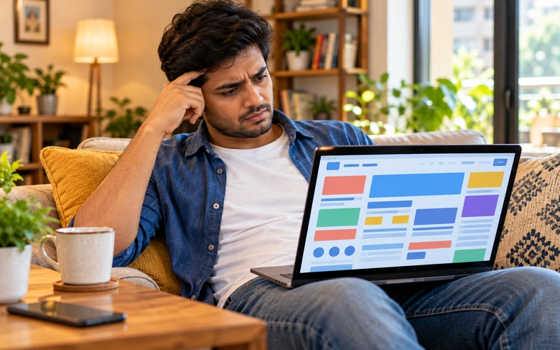 A visitor looks puzzled within seconds of landing on a cluttered homepage.