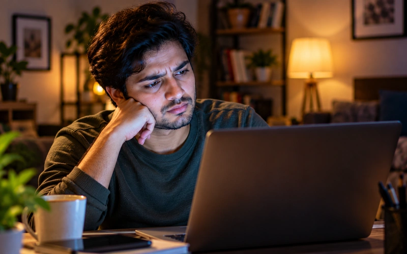 A laptop screen's glow lights a visitor's face as they form a quick judgment about a website.