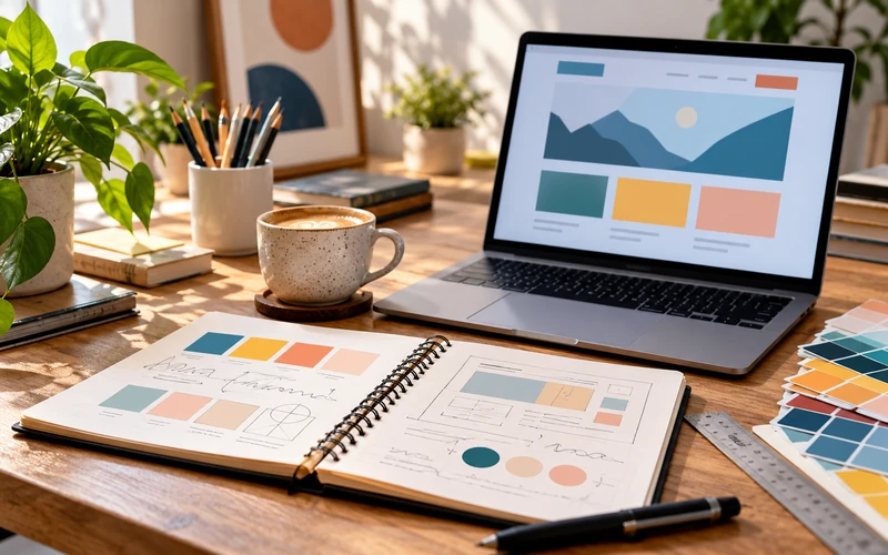 A notebook with color swatches and brand notes sits open on a desk beside a laptop