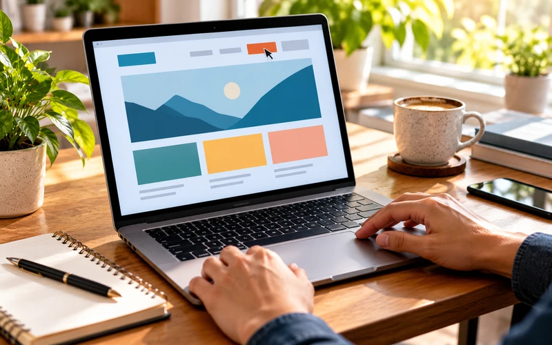 Hands navigate a website menu bar smoothly on a laptop trackpad