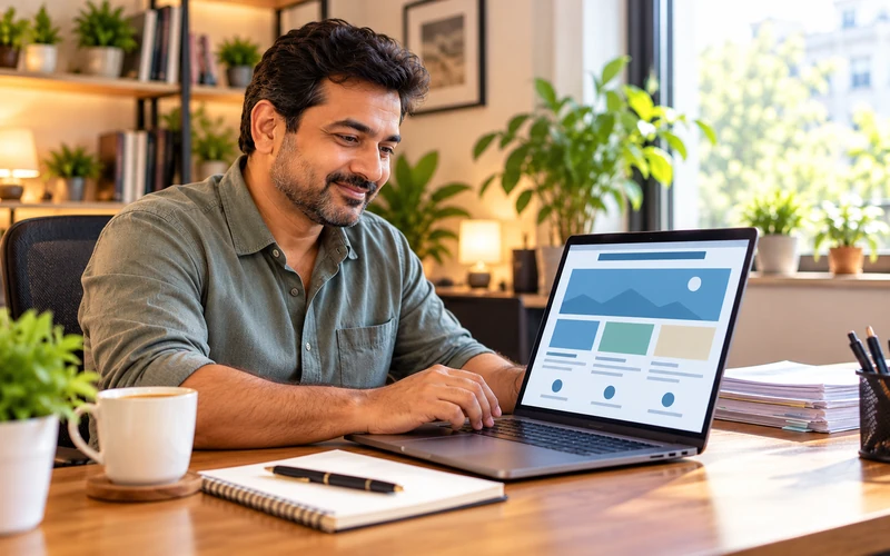A business owner types thoughtfully on a laptop with an open, approachable posture.