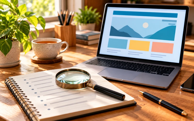 A magnifying glass rests over a notepad with bullet-pointed questions beside a laptop.