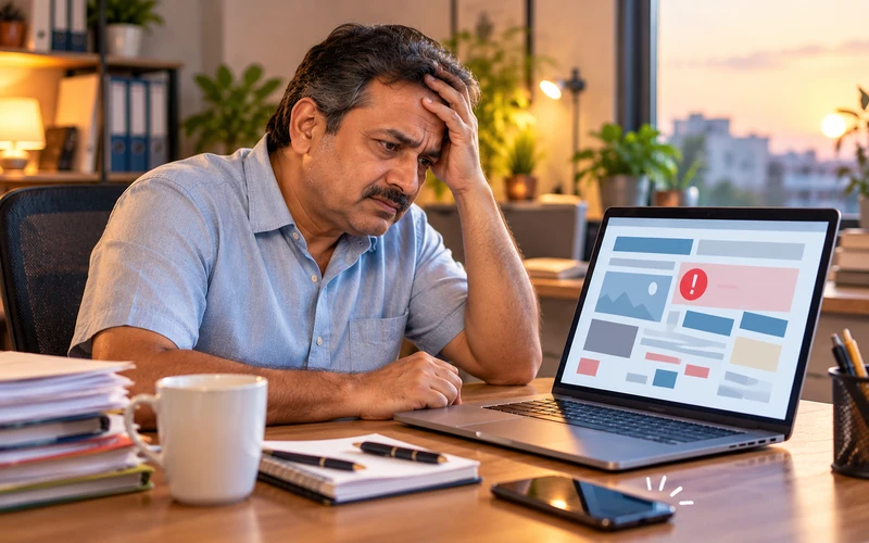 A frustrated business owner holds their forehead while looking at a broken webpage
