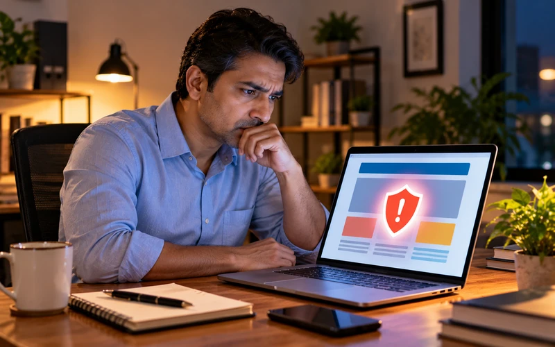 A business owner looks concerned at a laptop showing an abstract security warning