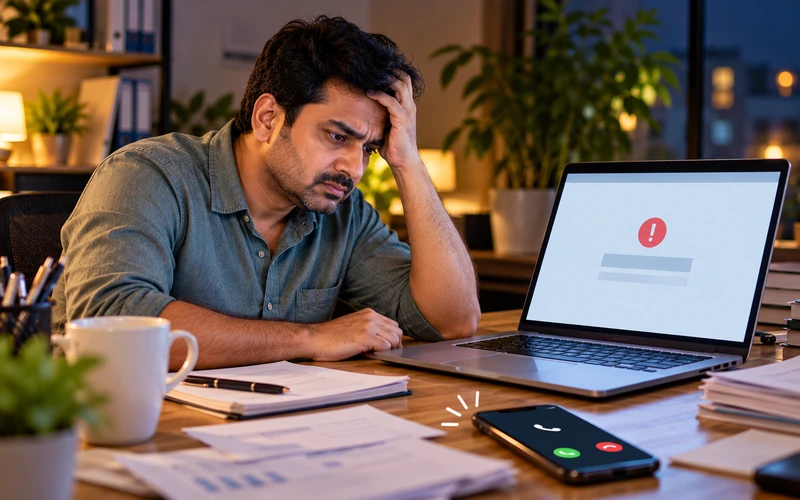 A business owner stares at a blank error page while a phone rings unanswered