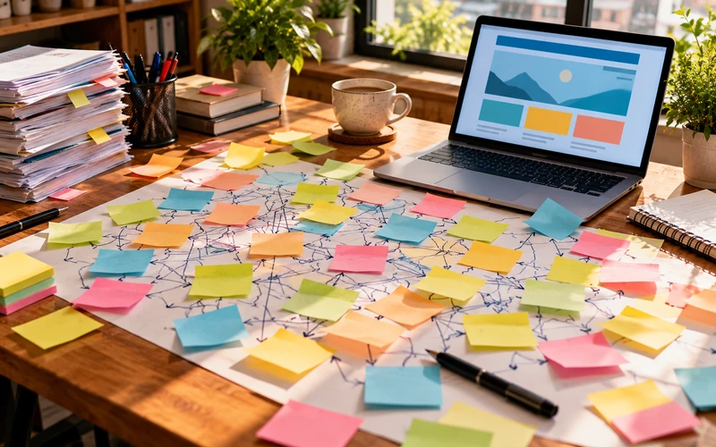 A desk covered in chaotic sticky notes shows a website sitemap that has outgrown its original structure.