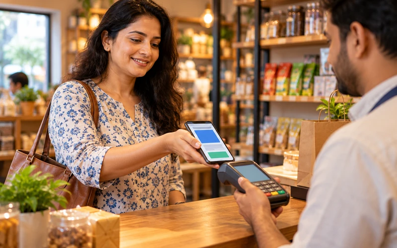 A relaxed customer hands over her phone to pay at a small business counter.