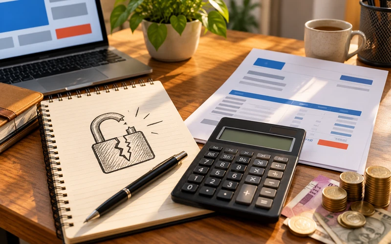 A calculator and invoice sit beside a sketch of a broken padlock on paper.