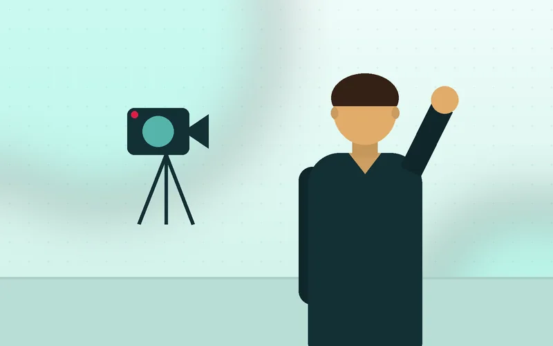 A small business owner speaks directly into a laptop camera while recording a video.