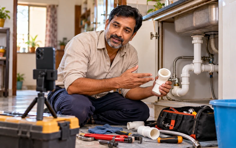 A plumber props up his phone to record a simple, unscripted video explaining his work.