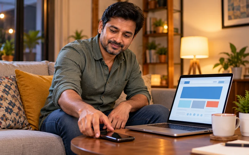 A customer reaches for their phone after reading reassuring information on a laptop screen